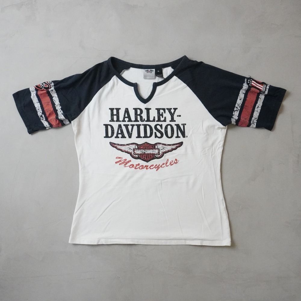 Harley-Davidson Raglan Shirt XL Womens White Black Graphic Notch Neck Biker Tee